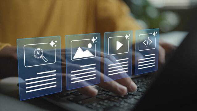 AI content management concept. Person using laptop with artificial intelligence and digital content icons, automated content organization, data management and smart workflow.