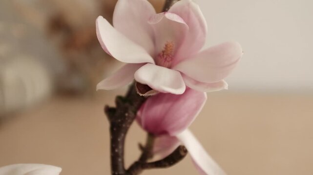 Horizontal 4K video of a vibrant pink saucer magnolia branch blooming in the spring. Perfect for mobile-first social media content, wellness backgrounds, or seasonal advertisements.
