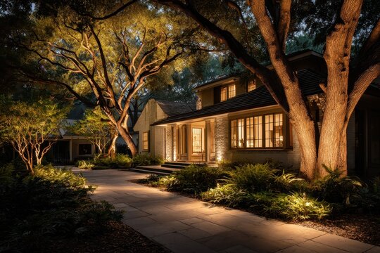Elegant house exterior at night, lit by sophisticated landscape lights. Highlights professional lighting design, enhancing home curb appeal.