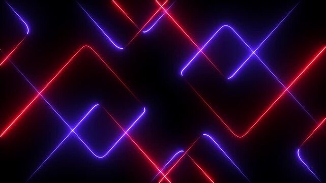 A vibrant abstract background featuring dynamic neon line patterns in shades of blue . Neon blue laser lines animation with black background. 4k video