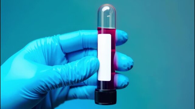 Close-Up of Hand in Blue Medical Glove Holding Test Tube with Red Liquid and Blank Labe.