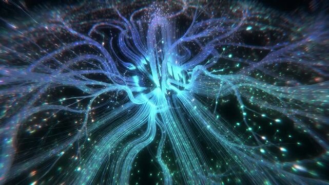 Abstract neural network growing and transmitting glowing data signals representing artificial intelligence and big data concepts