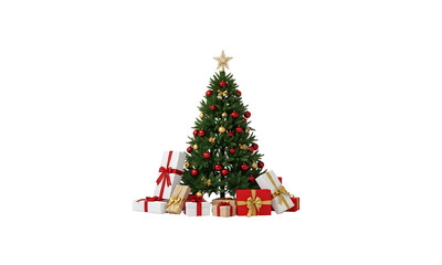 Obraz premium Christmas tree with red and white presents and gold star on transparent background transparent background