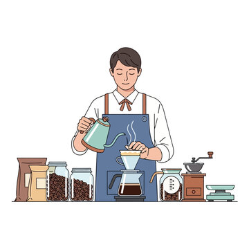Barista making pour over coffee with fresh beans and equipment