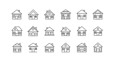 Fototapeta premium Collection of Simple House Icons, Minimalist Building Symbols, Real Estate Line Art