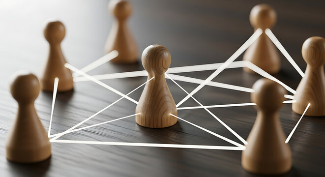 A group of connected wooden game pieces on a dark surface