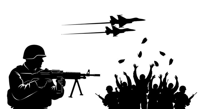 Silhouette soldier with machine gun, fighter jets dropping bombs on cheering crowd