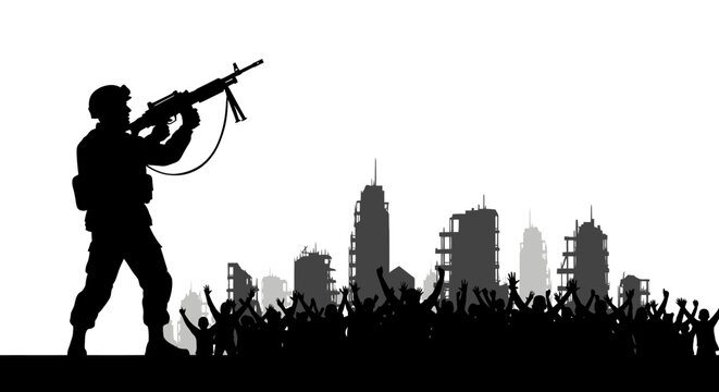 Silhouette Soldier with Machine Gun in Ruined City with Crowd