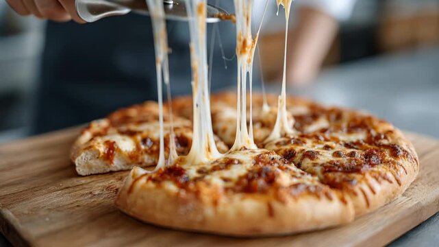 Slicing and lifting a gooey cheese pizza with crispy crust and melty toppings