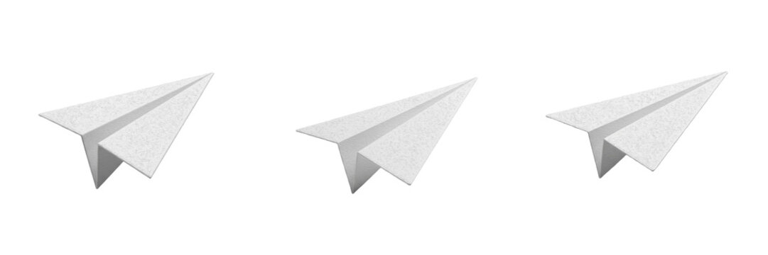 White paper plane set, origami aircraft collection, flying paper airplane icons, business startup creative concept, isolated on white background, PNG cutout asset