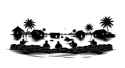 Obraz premium Soldiers defending flooded village with sandbags, tropical storm, disaster relief, military operation