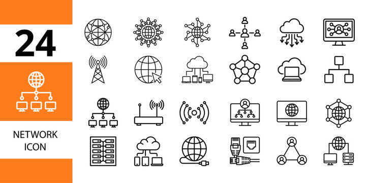 Network icon set: internet, connection, technology, and communication icons for it
