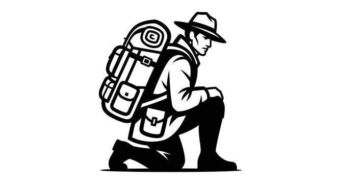Adventurer Kneeling with Backpack, Silhouette of Explorer on Hike