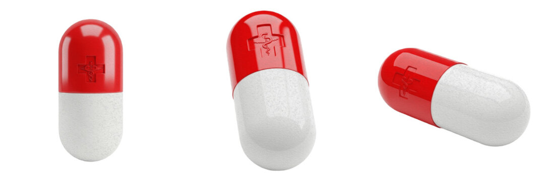 Red and white pill capsule set, medical drug supplement collection, pharmacy antibiotic medication, healthcare pharmaceutical therapy, isolated on white background, PNG