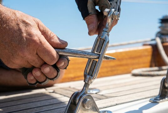 Sailor wearing fingerless gloves using a tool to adjust a stainless steel turnbuckle on a boat deck
