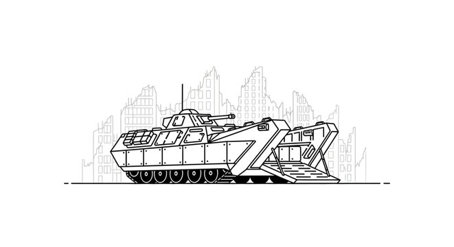 Armored Personnel Carrier in Ruined Cityscape - Line Art Illustration