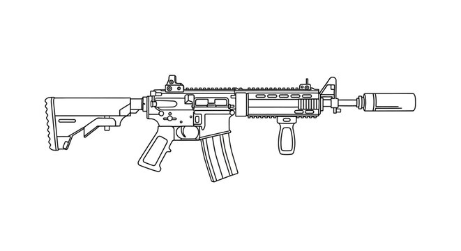 Assault Rifle with Silencer Outline Vector Illustration