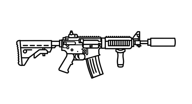 Assault Rifle with Silencer and Vertical Grip - Line Art Illustration