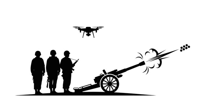 Military Drone Oversees Artillery Firing: Soldiers Watch Drone Target Acquisition