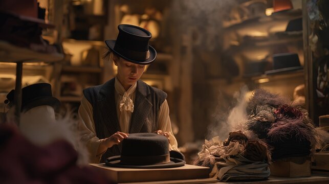 Milliner shaping felt hat on wooden block form in workshop cluttered with ribbons feathers and fabric flowers, steam rising from shaping iron, finished hats displayed on wall-mounted shelves, ideal