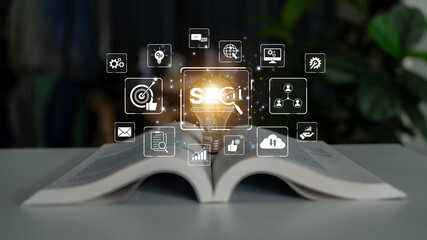 SEO concept for improving SEO visibility, with SEO related digital tools and SEO performance icons...