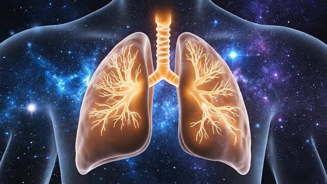 Human lungs illuminated with cosmic patterns, showcasing intricate bronchial structures against a starry background in a surreal visual representation