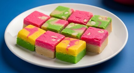 Colorful, square-shaped, sweet confections arranged on a white plate against a blue background