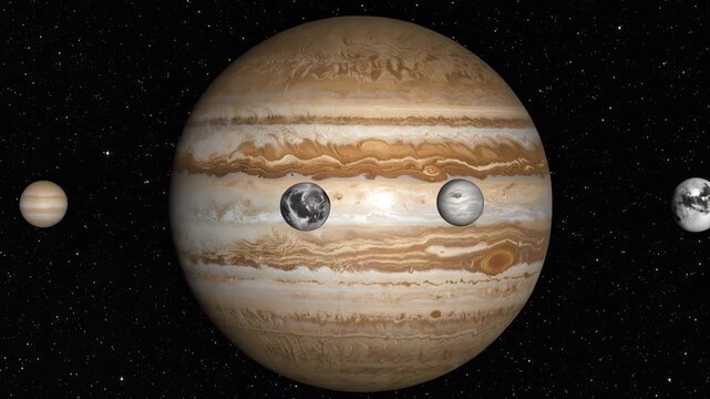 大赤斑が渦巻く木星とガリレオ衛星の整列を中心配置で描く