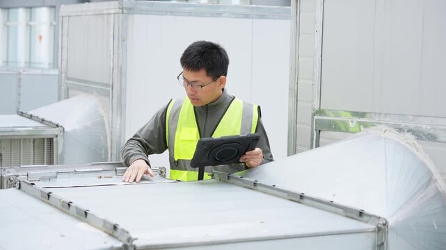 Engineer wearing reflective vest inspecting ventilation equipment with tablet computer in industrial facility