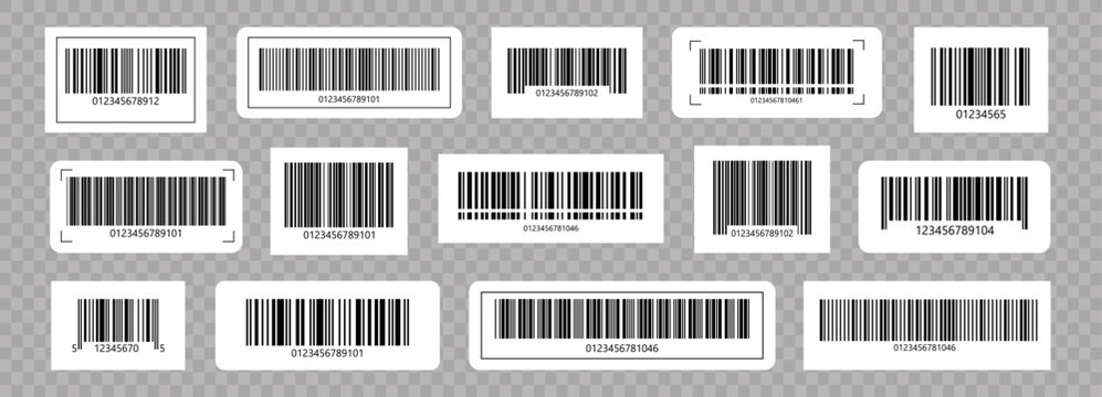 Set of barcode stickers fake with different thick and thin lines. Vertical streaks, strips with random information lines. Abstract geometric texture background for retail, supermarket