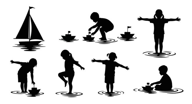 Children playing with toy boats in shallow water silhouette