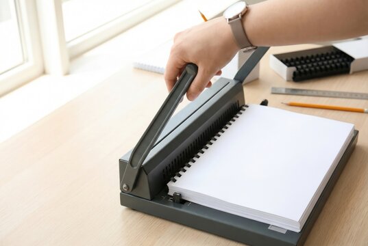 Person using a manual comb binding machine to assemble a document in an office