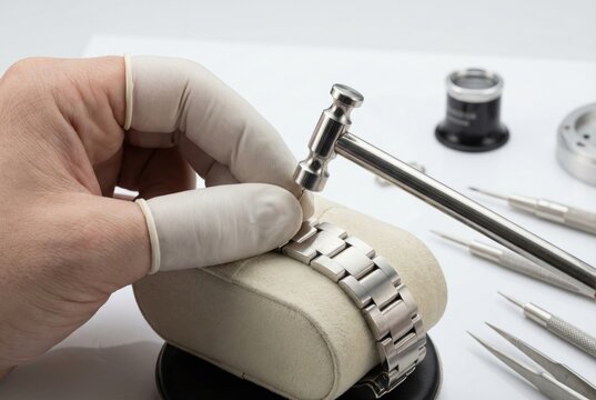 Watchmaker wearing finger cots using a miniature hammer and pin punch to adjust a steel watch bracelet