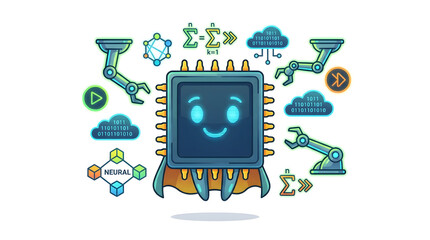 Smiling microchip with circuit board details.