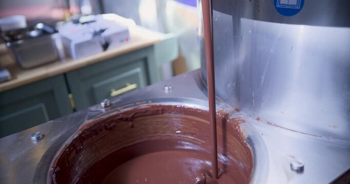 Beautiful, delicious looking chocolate being poured into mixer in kitchen