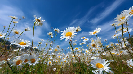 A vibrant field of sunlit daisies stretching toward the horizon