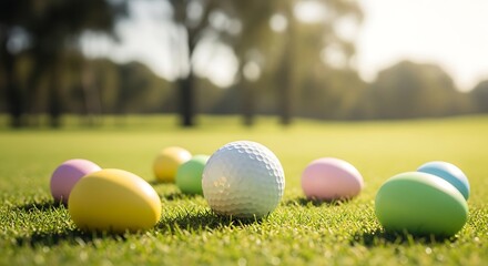 Golf ball surrounded by colorful Easter eggs on a sunny golf course green