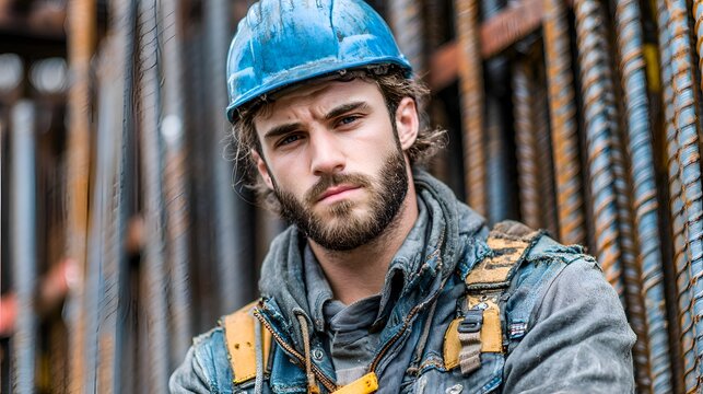 A handsome male construction worker wea a blue hard hat stands in front of rebar with a serious expression on his face looking at the camera.