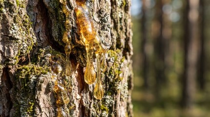 Obraz premium Capturing the Essence: Natural Tree Sap Dripping from the Bark of a Pine Tree in a Lush Forest Environment, Showcasing the Beauty of Nature's Processes