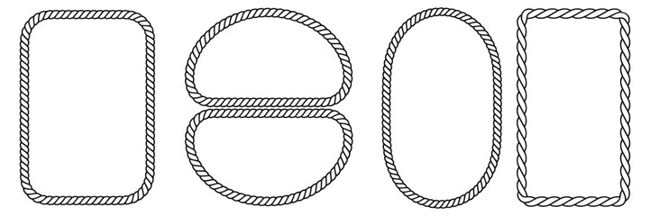 rope frames set of black string braided borders made of brush, rectangular a4 compatible round and oval shapes for decorative design, vector illustration isolated on white background. © MSTFARIDA