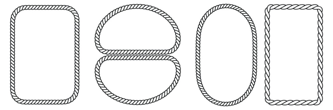 rope frames set of black string braided borders made of brush, rectangular a4 compatible round and oval shapes for decorative design, vector illustration isolated on white background.