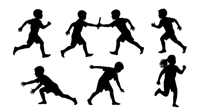Children Running Silhouettes: Relay Race, Sports, Childhood Activities, Outdoor Fun