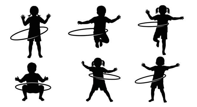 Children Silhouette Hooping Fun: Six Kids Active Play with Hula Hoops