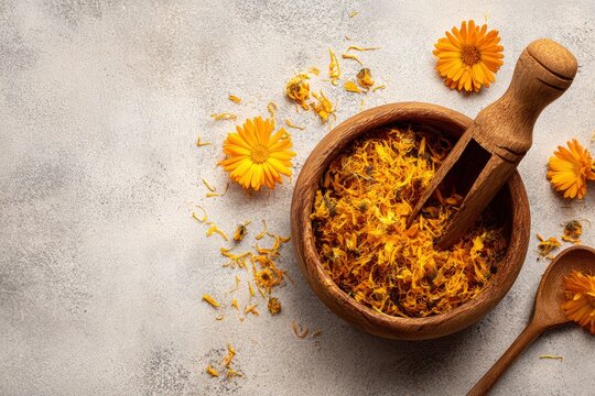 Herbal medicine ingredients and flowers.