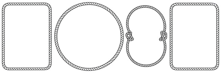 rope frames set of string borders made of brush, rectangular a4 compatible round and oval shapes for decorative sea and nautica design, vector illustration isolated on white background. © MSTFARIDA