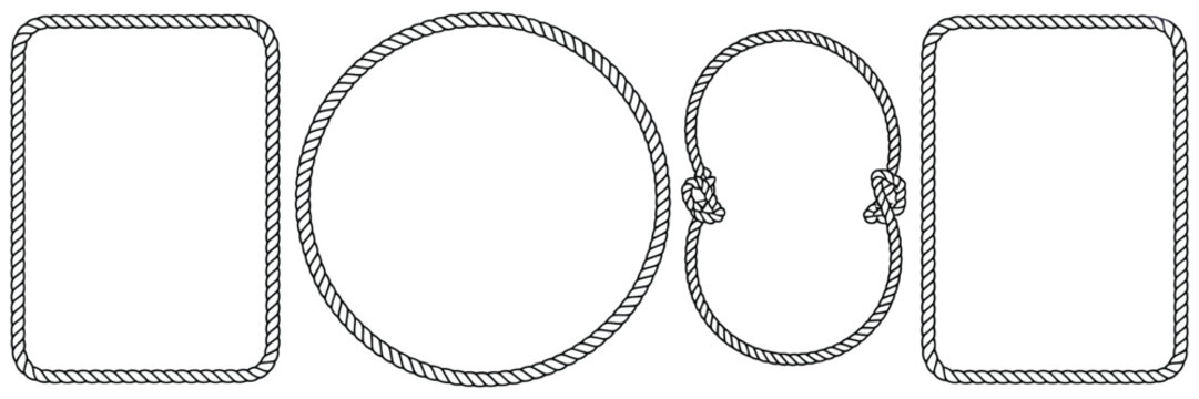 rope frames set of string borders made of brush, rectangular a4 compatible round and oval shapes for decorative sea and nautica design, vector illustration isolated on white background.