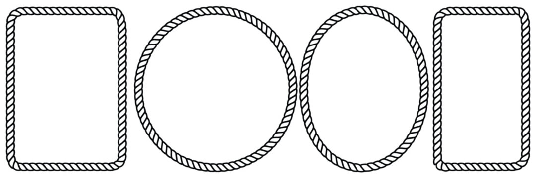 rope frames set of string borders made of brush, rectangular a4 compatible round and oval shapes for decorative sea and nautica design, vector illustration isolated on white background.
