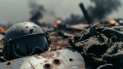 Obraz premium Military helmet and uniform on a destroyed battlefield, depicting conflict aftermath and the harsh reality of war
