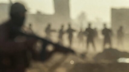Obraz premium Soldiers advancing through dusty battlefield during blurred combat, depicting conflict, violence, and war