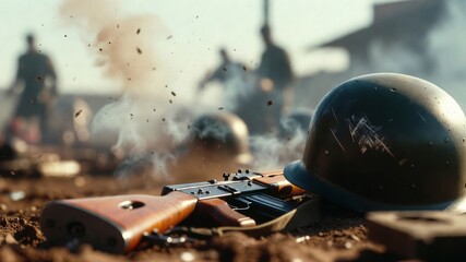 Obraz premium Battlefield showing discarded military helmet and assault rifle in combat zone with smoke and debris